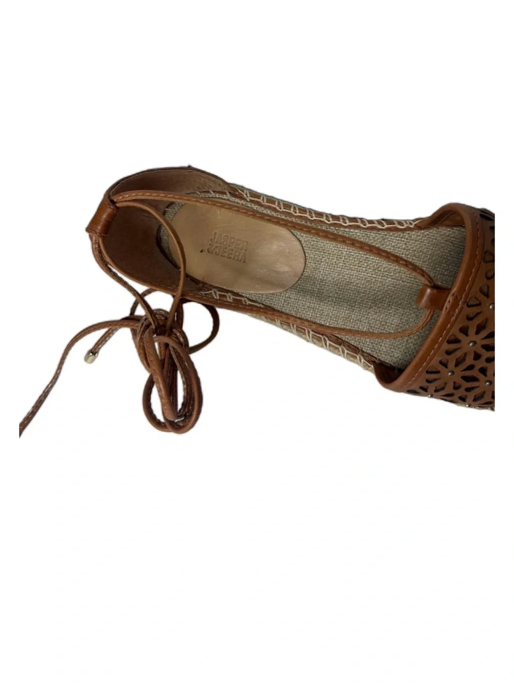 Laser-Cut Tan Espadrille Flats with Ankle Tie